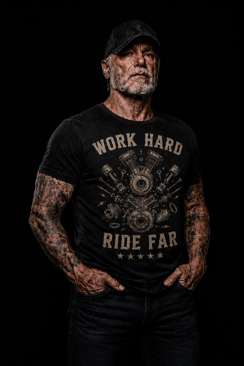 Work Hard Ride Far Motorcycle Engine Mechanic T-Shirt