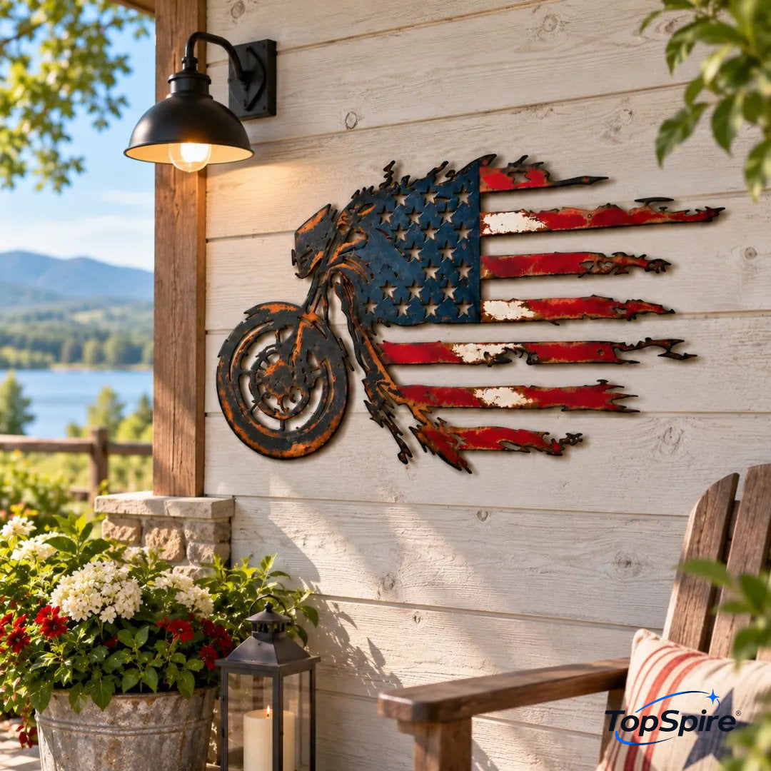 TopSpire®🏍️🇺🇸 American Flag Motorcycle Metal Wall Art – A Bold Tribute to Freedom & the Open Road