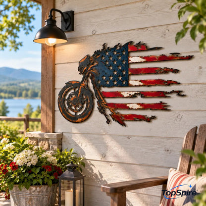TopSpire®🏍️🇺🇸 American Flag Motorcycle Metal Wall Art – A Bold Tribute to Freedom & the Open Road
