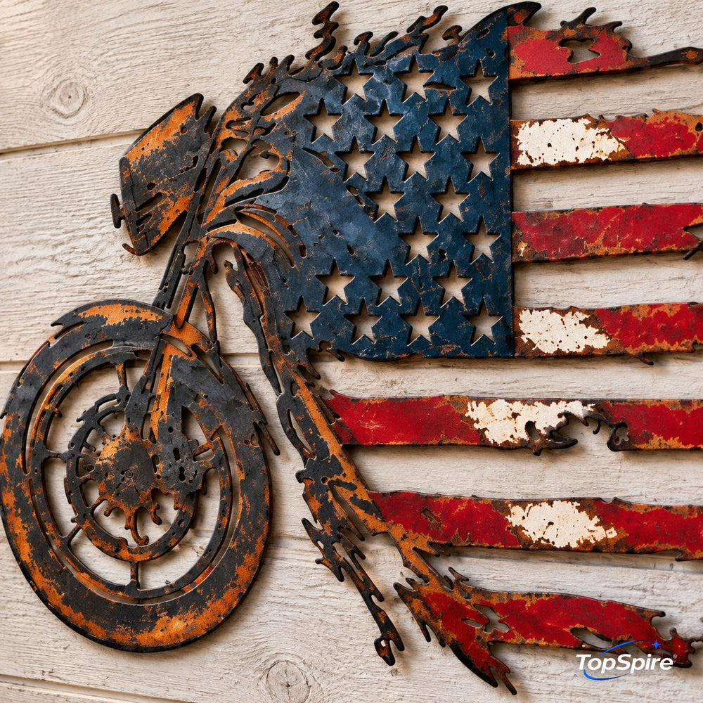 TopSpire®🏍️🇺🇸 American Flag Motorcycle Metal Wall Art – A Bold Tribute to Freedom & the Open Road