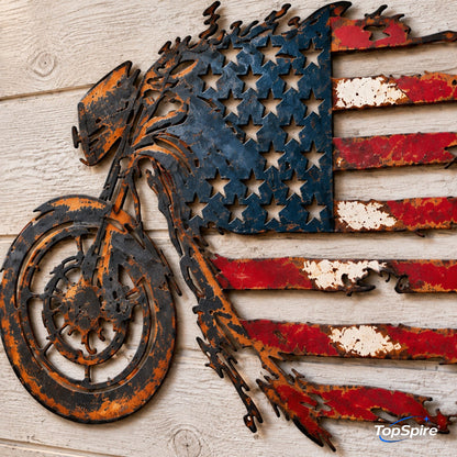 TopSpire®🏍️🇺🇸 American Flag Motorcycle Metal Wall Art – A Bold Tribute to Freedom & the Open Road