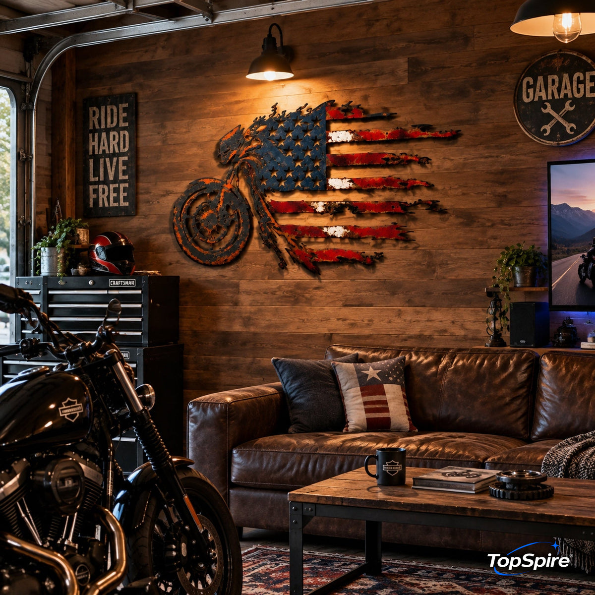 TopSpire®🏍️🇺🇸 American Flag Motorcycle Metal Wall Art – A Bold Tribute to Freedom & the Open Road