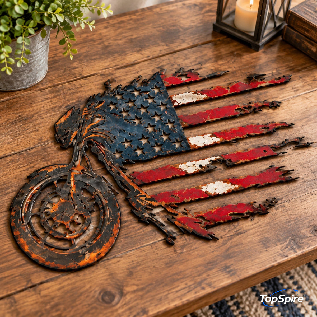 TopSpire®🏍️🇺🇸 American Flag Motorcycle Metal Wall Art – A Bold Tribute to Freedom & the Open Road