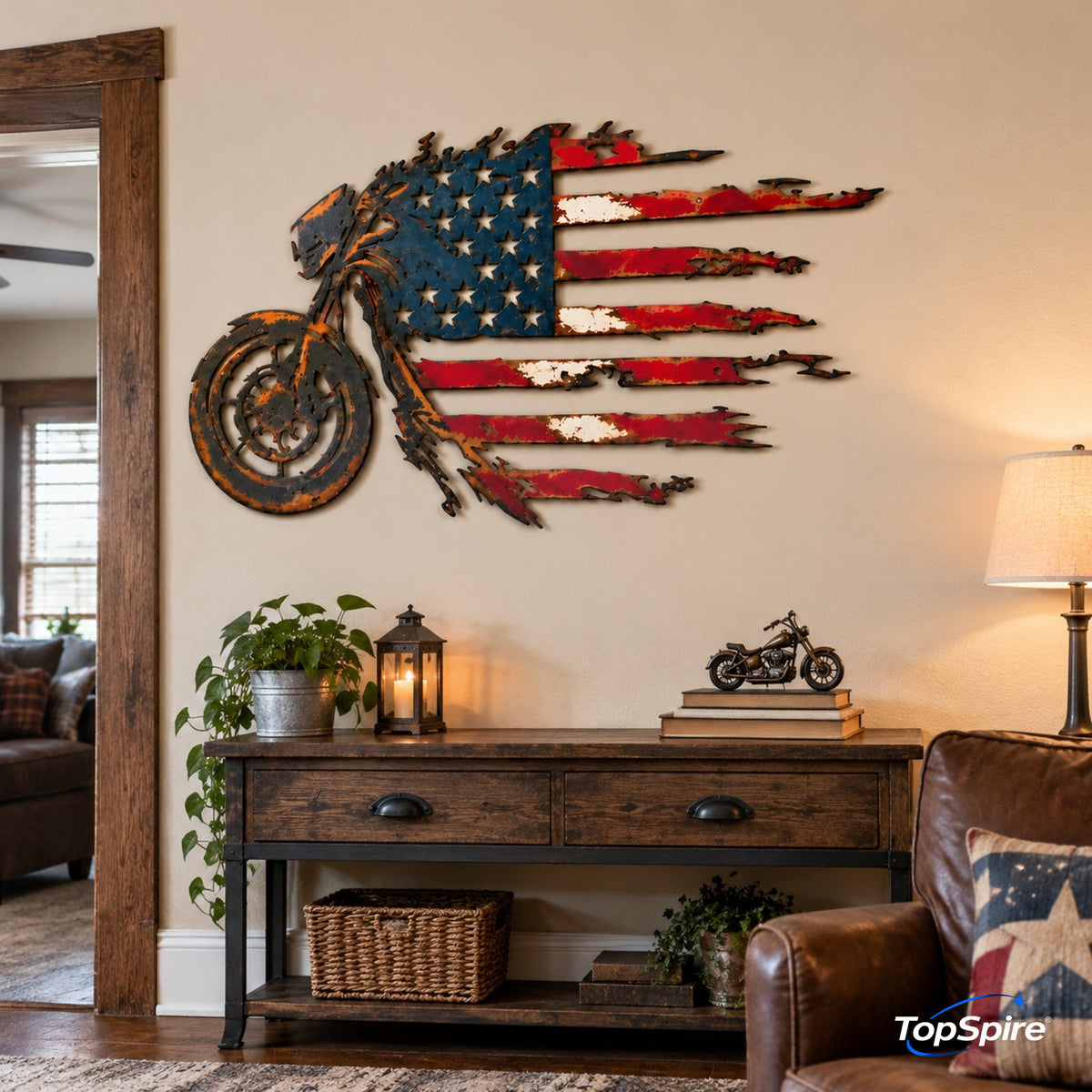 TopSpire®🏍️🇺🇸 American Flag Motorcycle Metal Wall Art – A Bold Tribute to Freedom & the Open Road