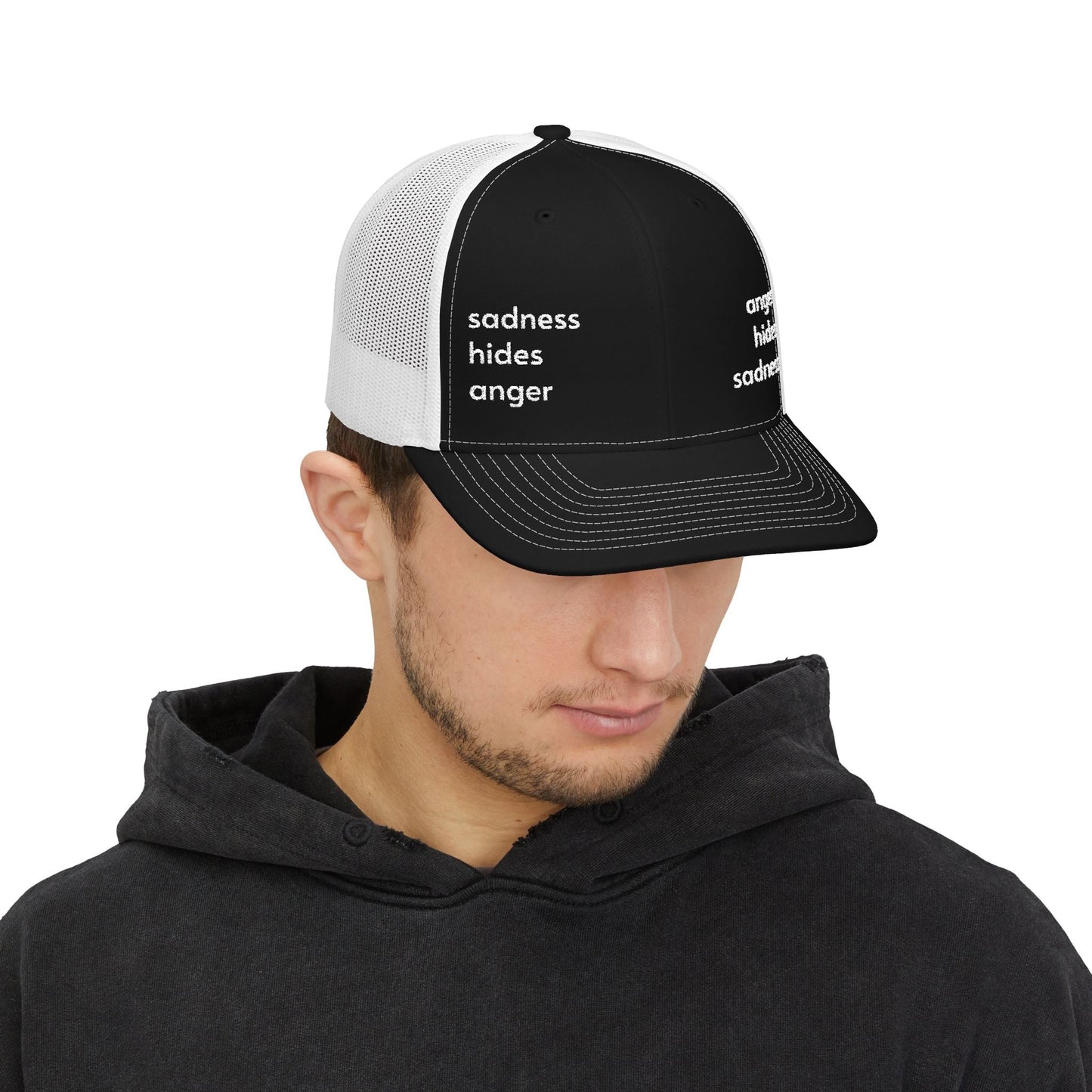 Embroidered Trucker Hat — "anger hides sadness sadness hides anger" Mesh Snapback