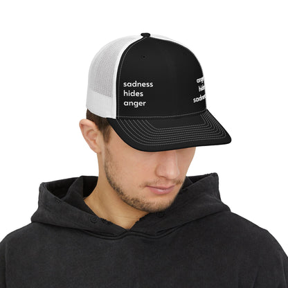 Embroidered Trucker Hat — "anger hides sadness sadness hides anger" Mesh Snapback
