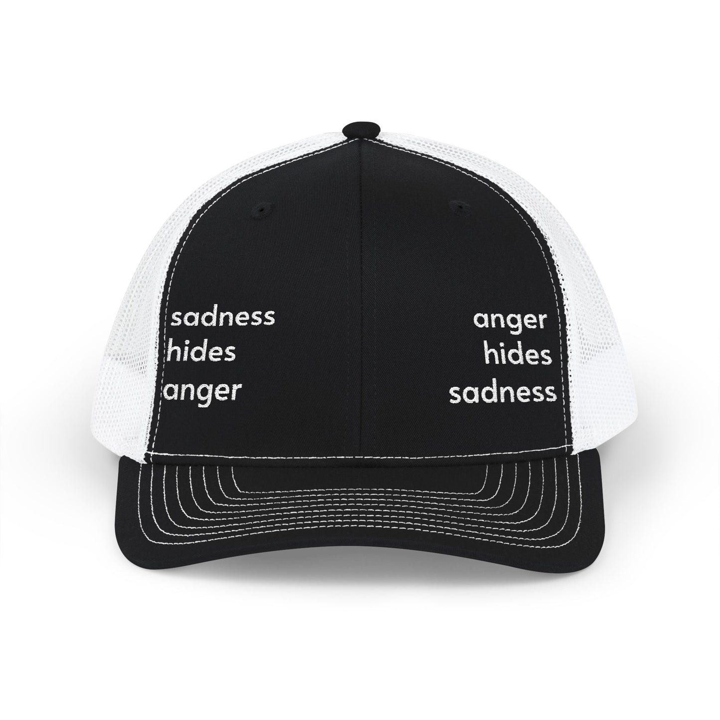Embroidered Trucker Hat — "anger hides sadness sadness hides anger" Mesh Snapback
