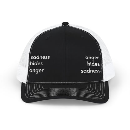 Embroidered Trucker Hat — "anger hides sadness sadness hides anger" Mesh Snapback