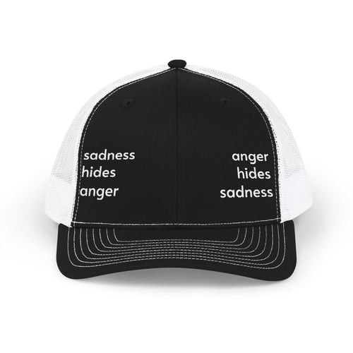 Embroidered Trucker Hat — "anger hides sadness sadness hides anger" Mesh Snapback
