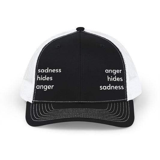 Embroidered Trucker Hat — "anger hides sadness sadness hides anger" Mesh Snapback