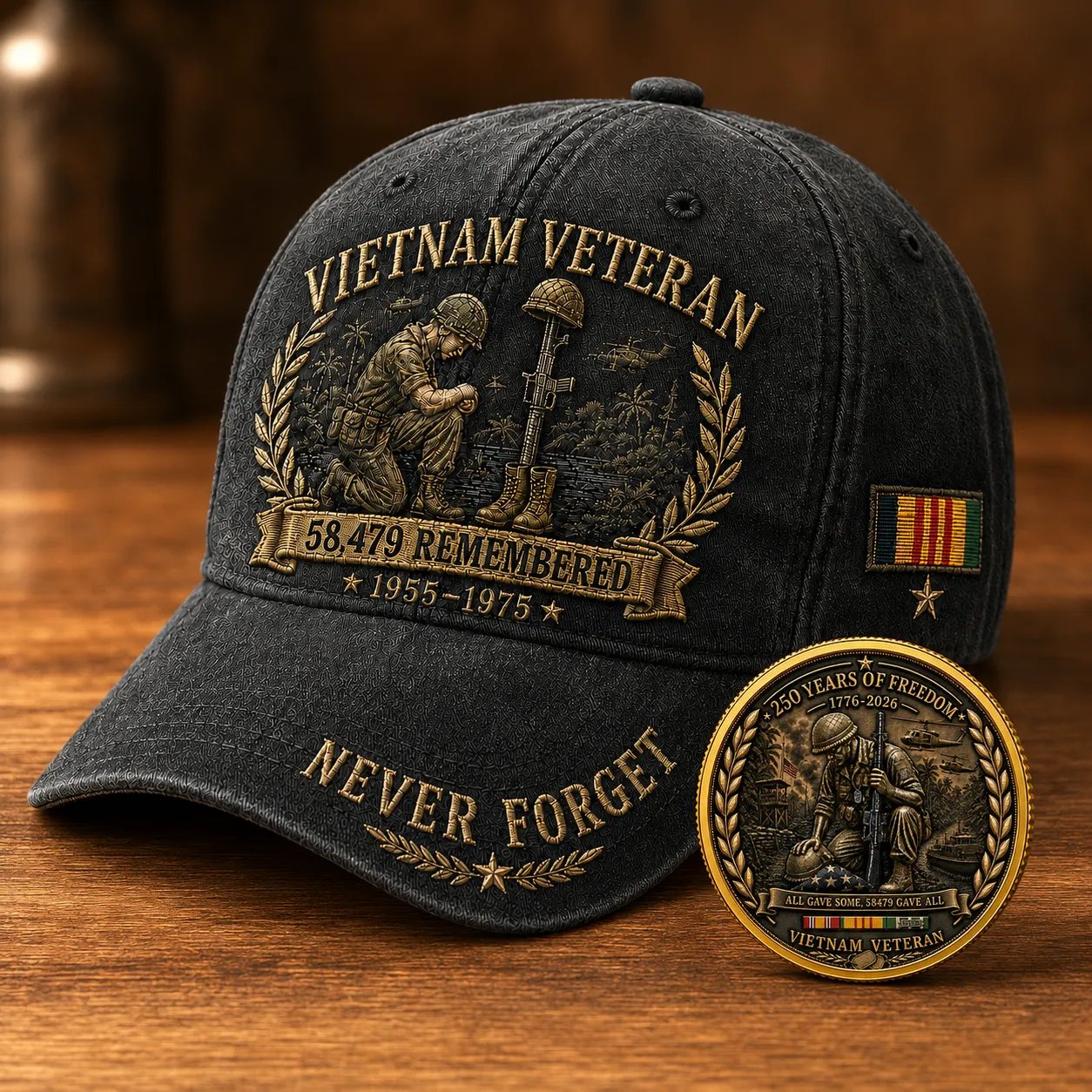 Vietnam Veteran 58,479 Remembered Cap 🎁 Free Double-Sided Honor Coin With Every Cap Purchase - Black / Free Honor Coin With Every Cap Purchase