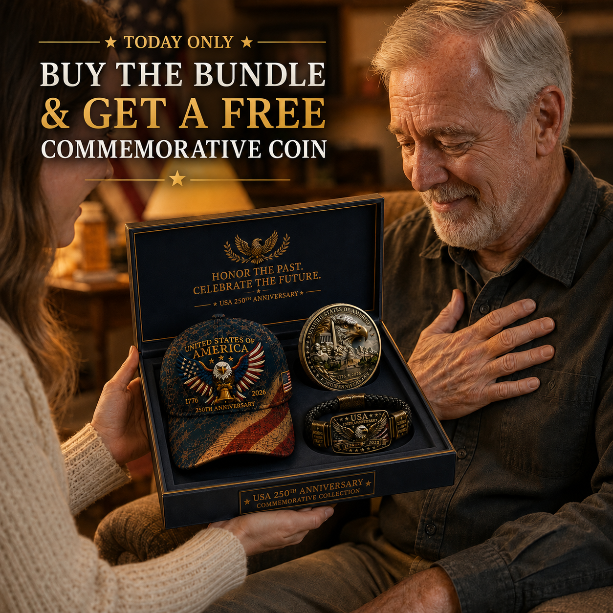 🔥 Today Only: FREE Collector Coin🔥 | USA 250th Anniversary Patriotic Eagle 3-Piece Gift Set – Embroidered Cap, Coin & Bracelet