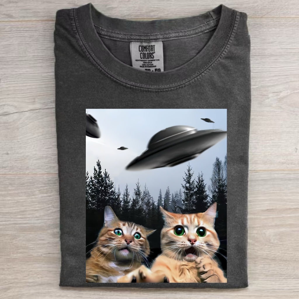 FUNNY ANIMAL SELFIE WITH UFO ART ACID WASH SHIRT V5