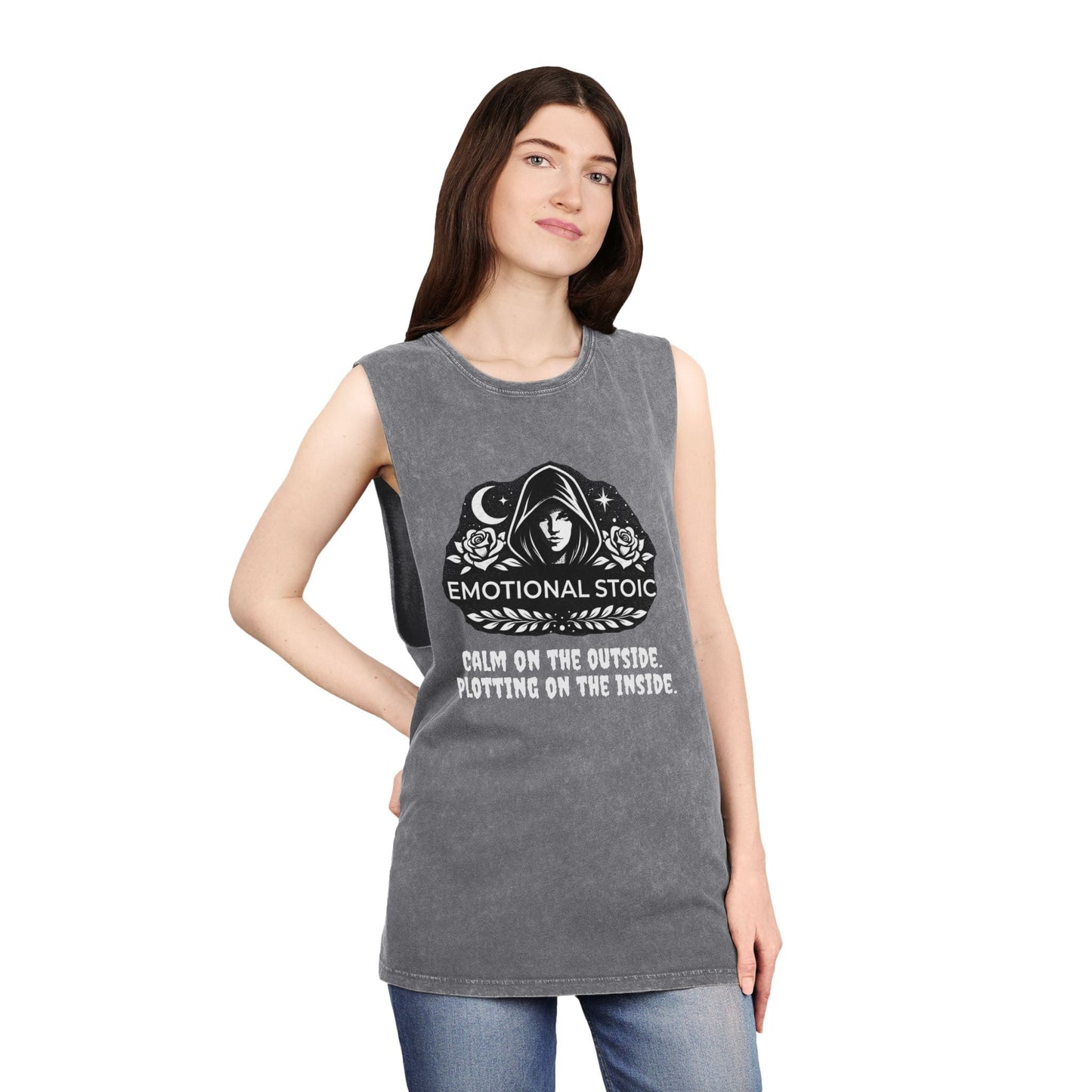 Emotional Stoic Stonewash Tank — "Calm on the Outside, Plotting on the Inside"