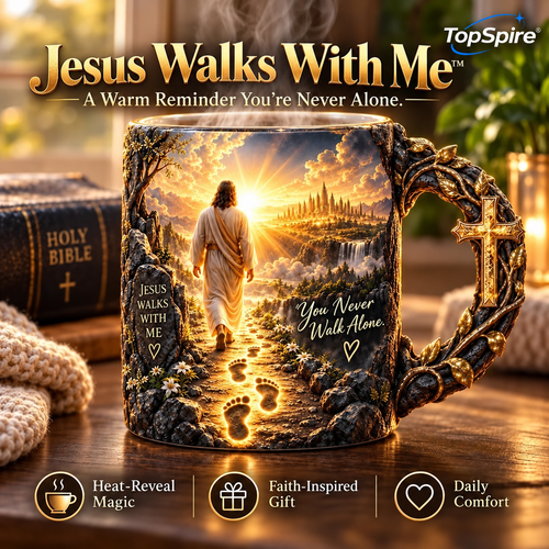 🧡✝️ TopSpire®Jesus Walks With Me Heat-Reveal Mug – A Meaningful Reminder You Are Never Alone