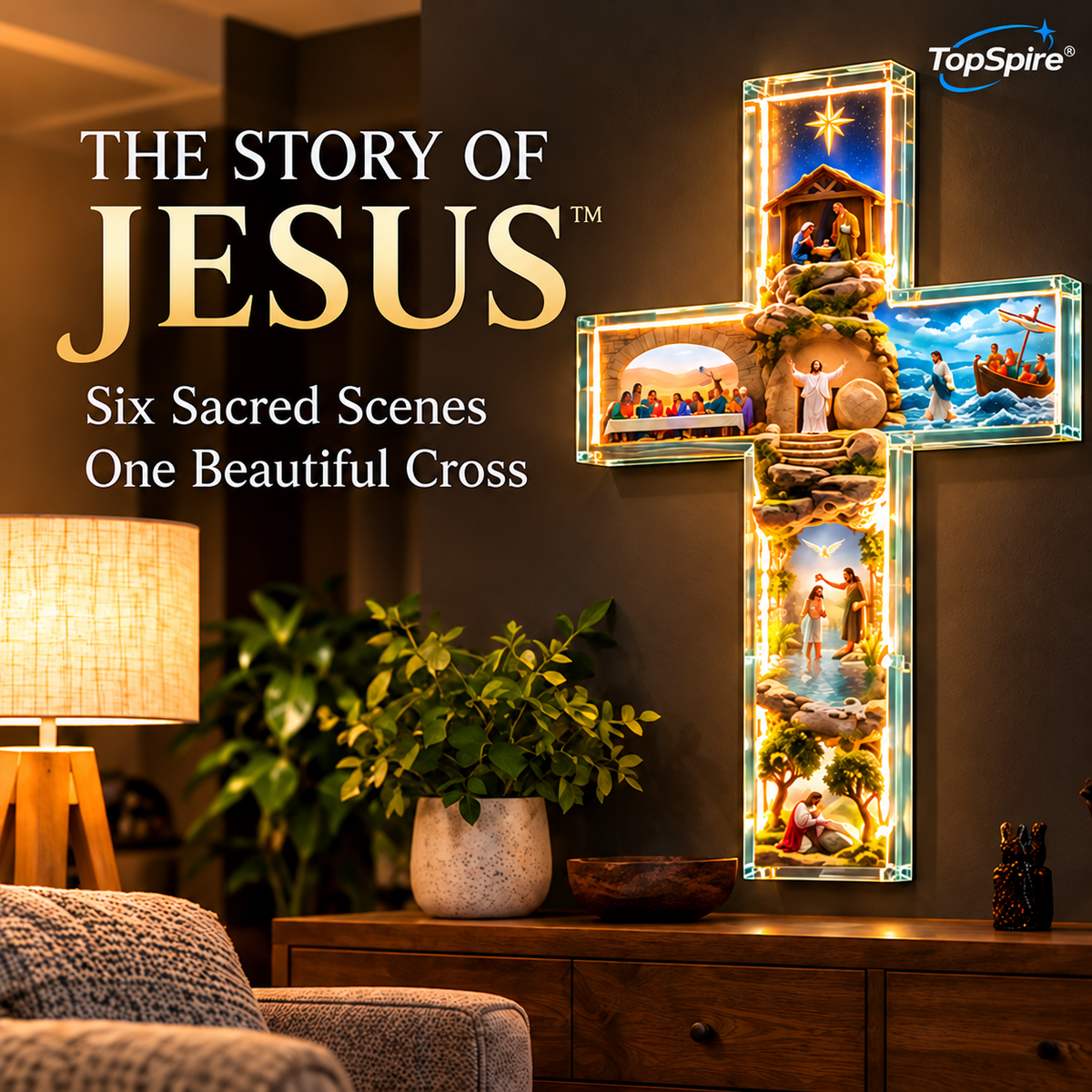 ✨ Last Day – 49% OFF!✝️TopSpire® The Story of Jesus in 6 Scenes Cross Lamp