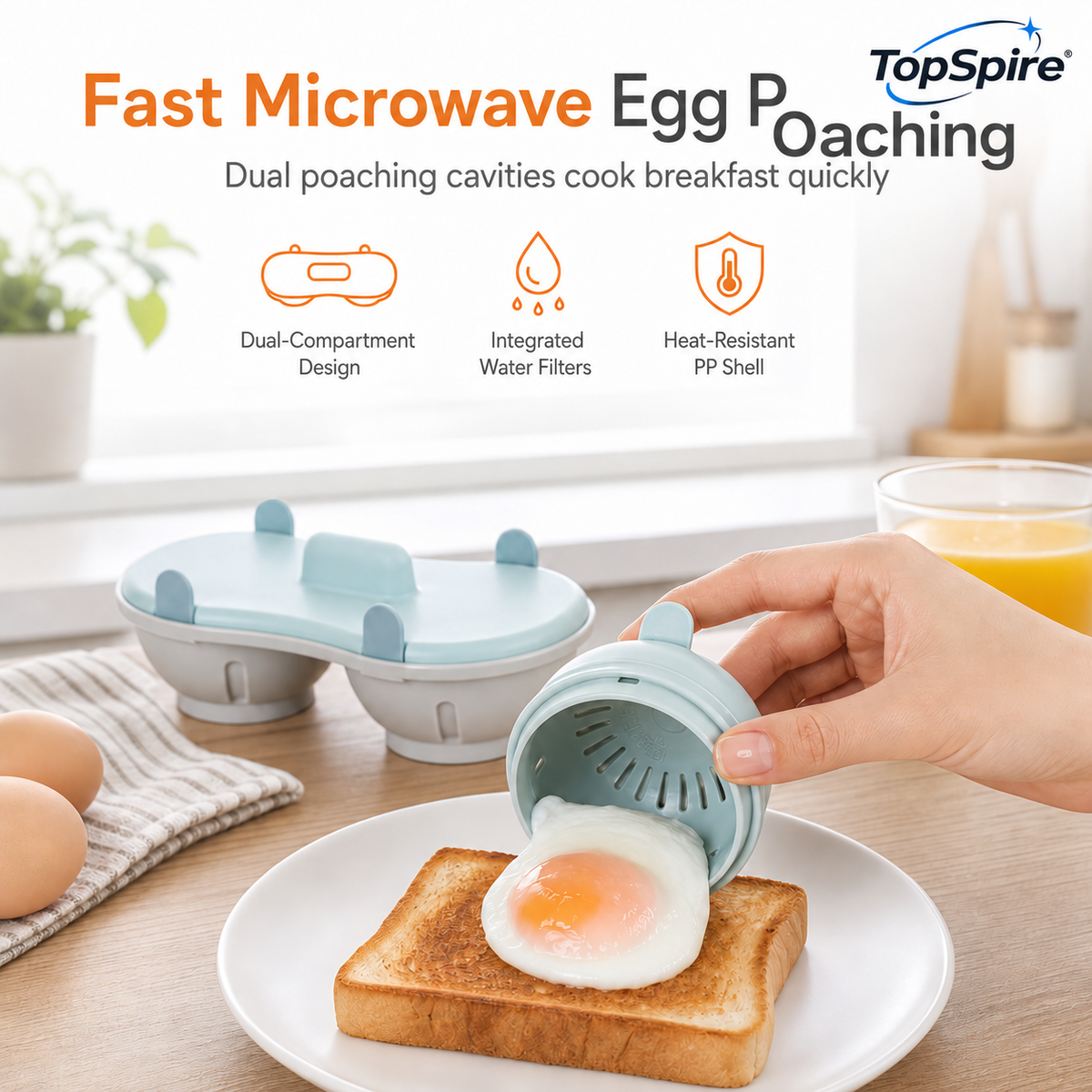 🍳⚡TopSpire®Dual-Compartment Microwave Egg Poacher | Cook Two Poached Eggs Quickly⏱️