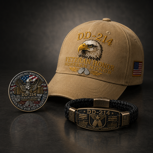 🔥 Today Only: FREE Collector Coin🔥 | DD-214 Veteran Honor 3-Piece Gift Set – Embroidered Cap, Coin & Bracelet