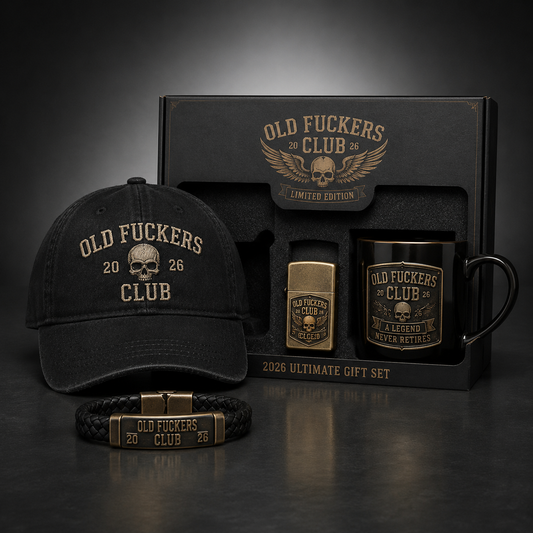 🔥 Today Only: FREE Collector Coin🔥 | ☠️Old Fuckers Club 2026 Ultimate Skull Gift Set — Cap + Bracelet + Vintage Lighter + Mug