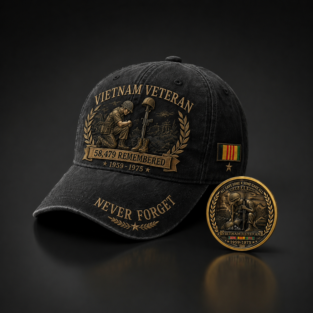 Vietnam Veteran 58,479 Remembered Cap 🎁 Free Double-Sided Honor Coin With Every Cap Purchase - Black / Free Honor Coin With Every Cap Purchase