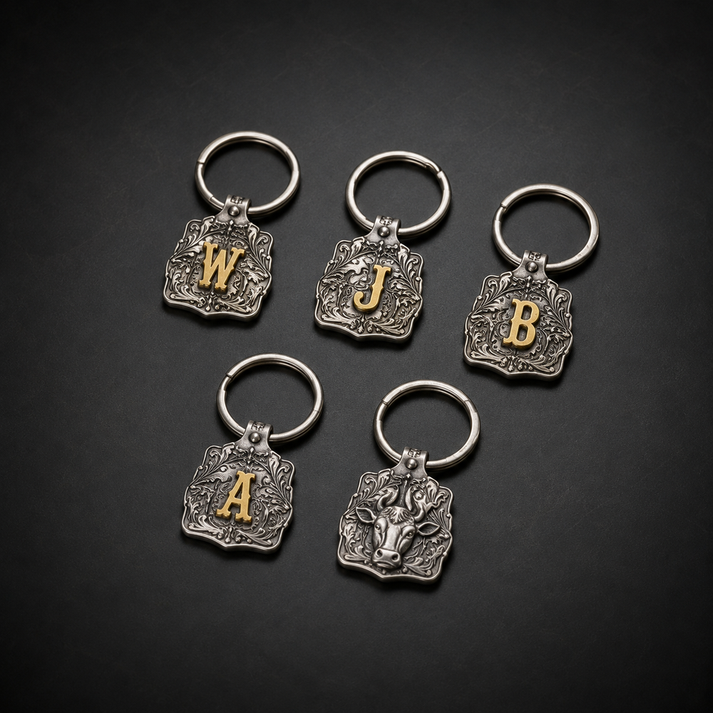 Vintage Brass Initial Cow Tag Keychain for Belt Loop & Pocket Carry
