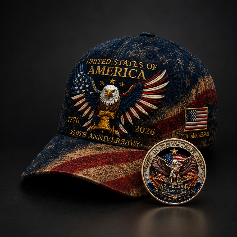 ❤️USA 250th Anniversary Patriotic Eagle Embroidered Cap – Free Honor Coin With Every Cap Purchase