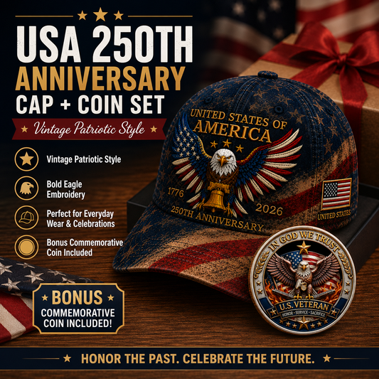 ❤️USA 250th Anniversary Patriotic Eagle Embroidered Cap – Free Honor Coin With Every Cap Purchase