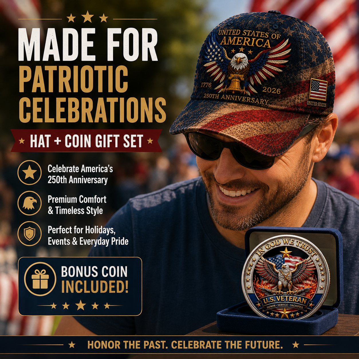 ❤️USA 250th Anniversary Patriotic Eagle Embroidered Cap – Free Honor Coin With Every Cap Purchase