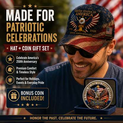 ❤️USA 250th Anniversary Patriotic Eagle Embroidered Cap – Free Honor Coin With Every Cap Purchase