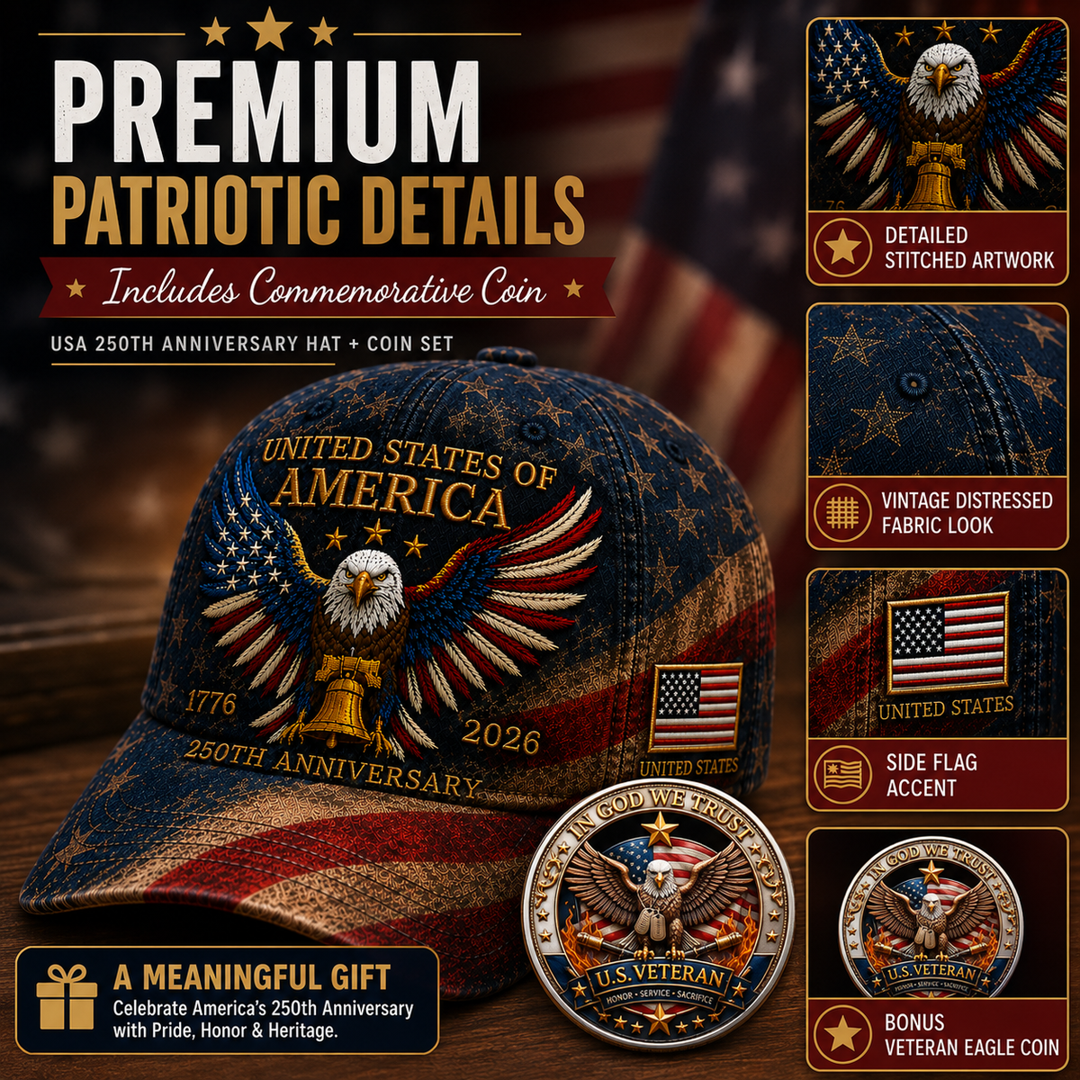 ❤️USA 250th Anniversary Patriotic Eagle Embroidered Cap – Free Honor Coin With Every Cap Purchase