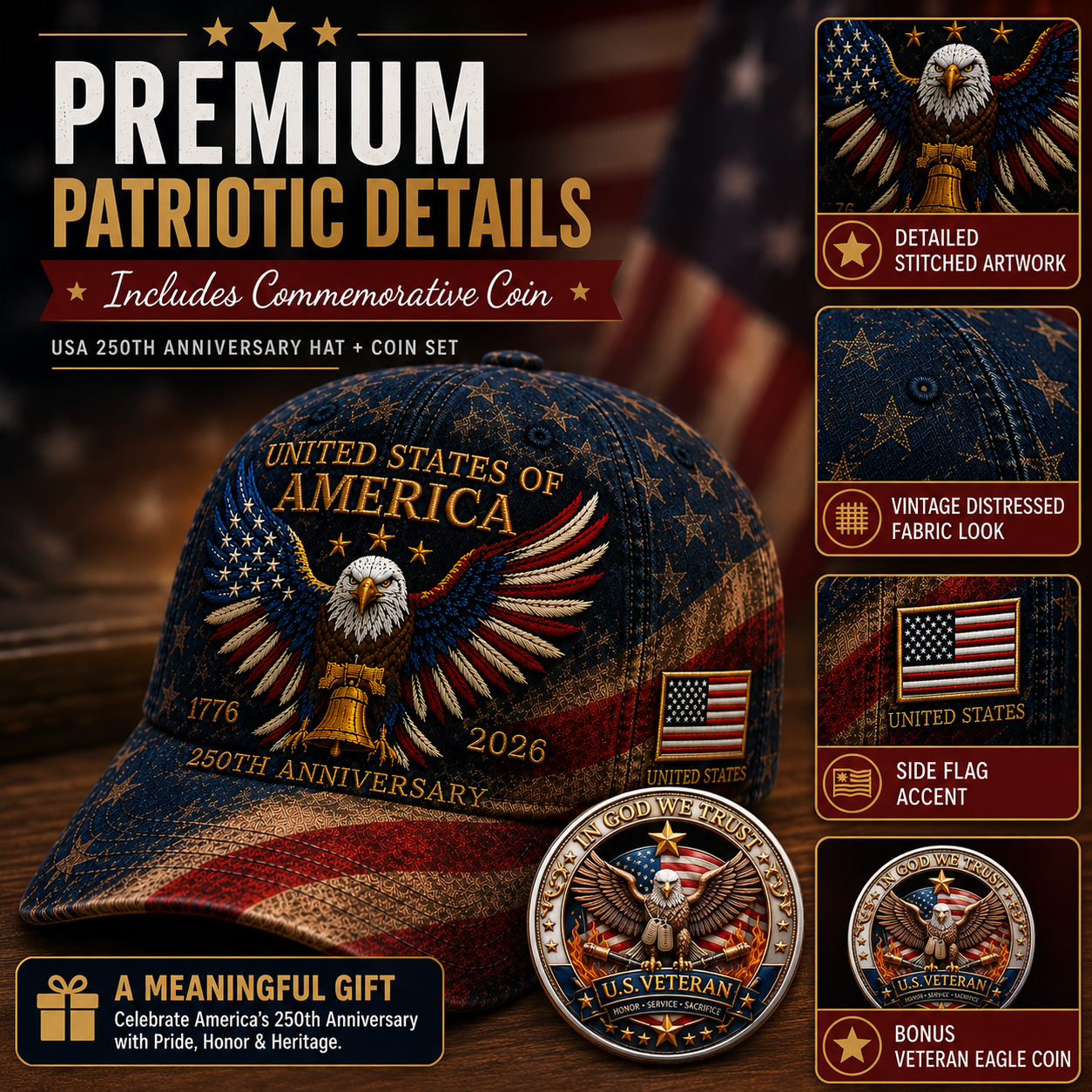 ❤️USA 250th Anniversary Patriotic Eagle Embroidered Cap – Free Honor Coin With Every Cap Purchase