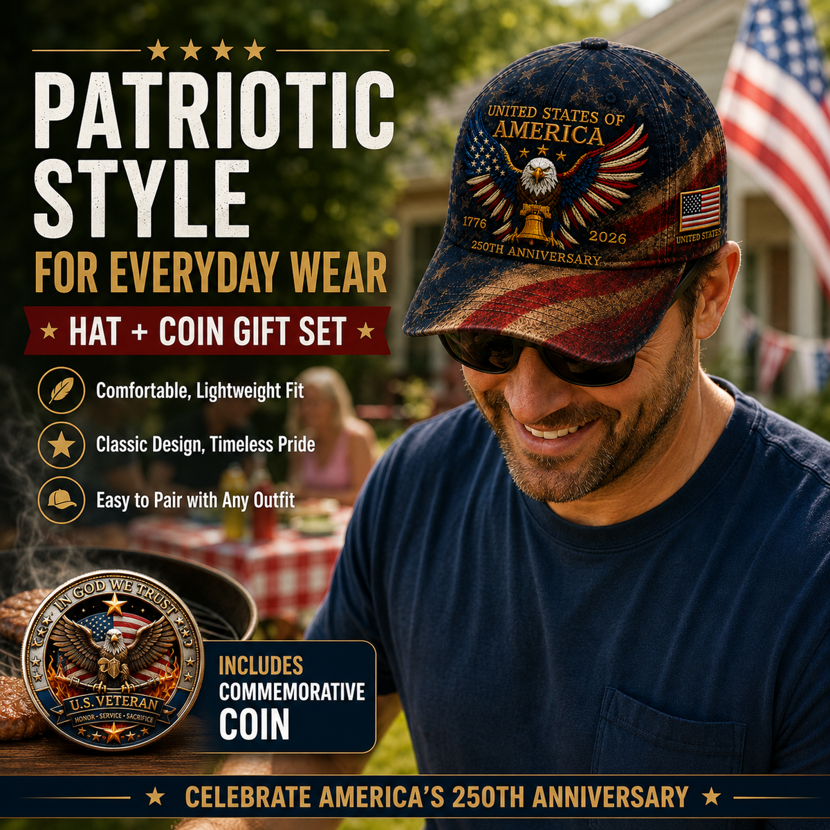 ❤️USA 250th Anniversary Patriotic Eagle Embroidered Cap – Free Honor Coin With Every Cap Purchase
