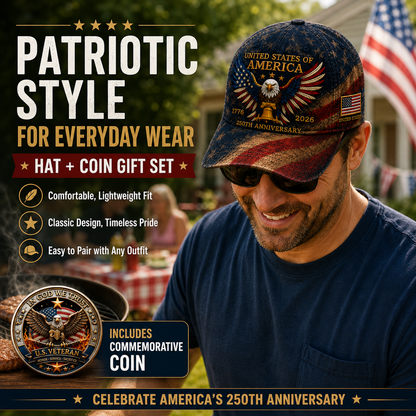 ❤️USA 250th Anniversary Patriotic Eagle Embroidered Cap – Free Honor Coin With Every Cap Purchase