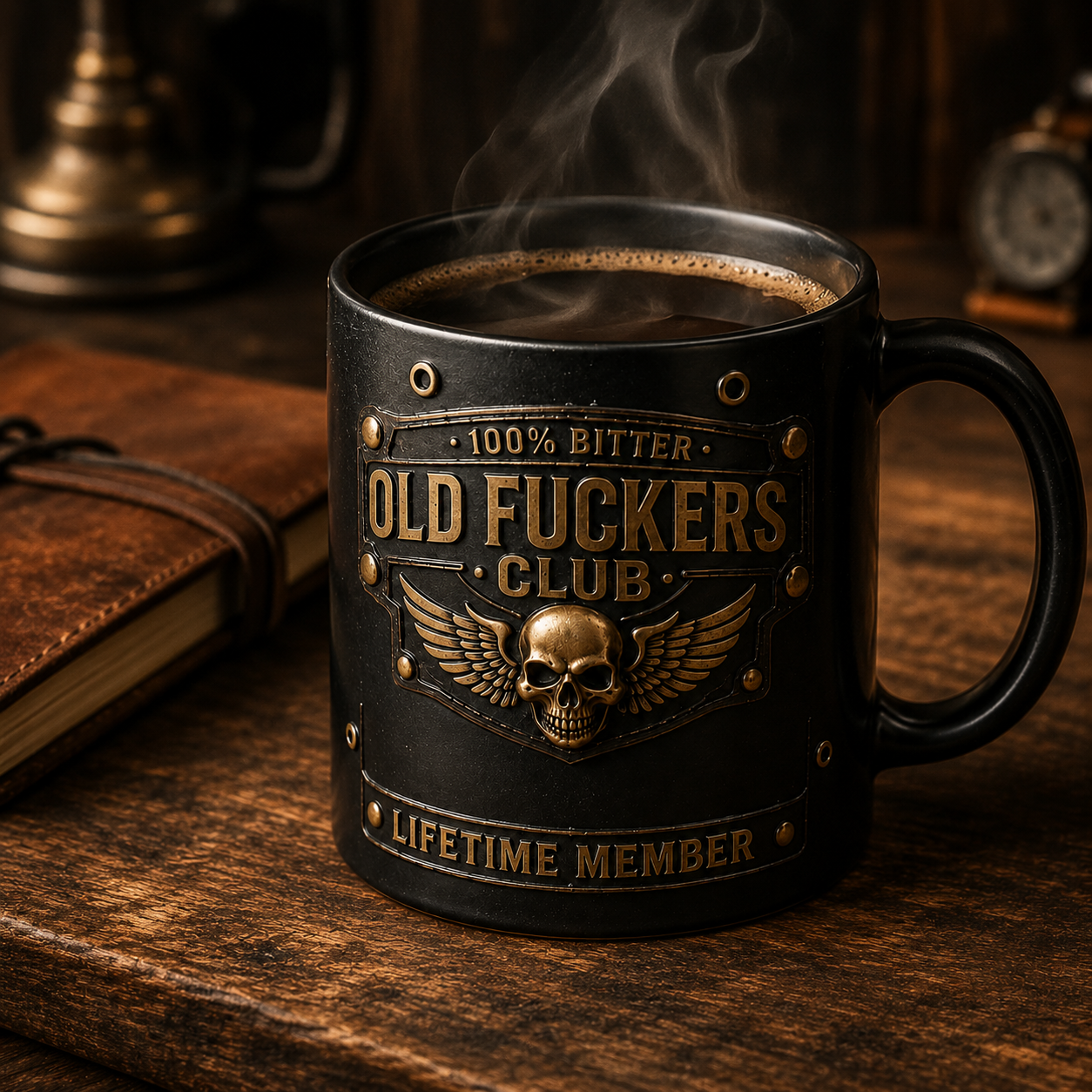 Close-up details of the Old F*ckers Club mug