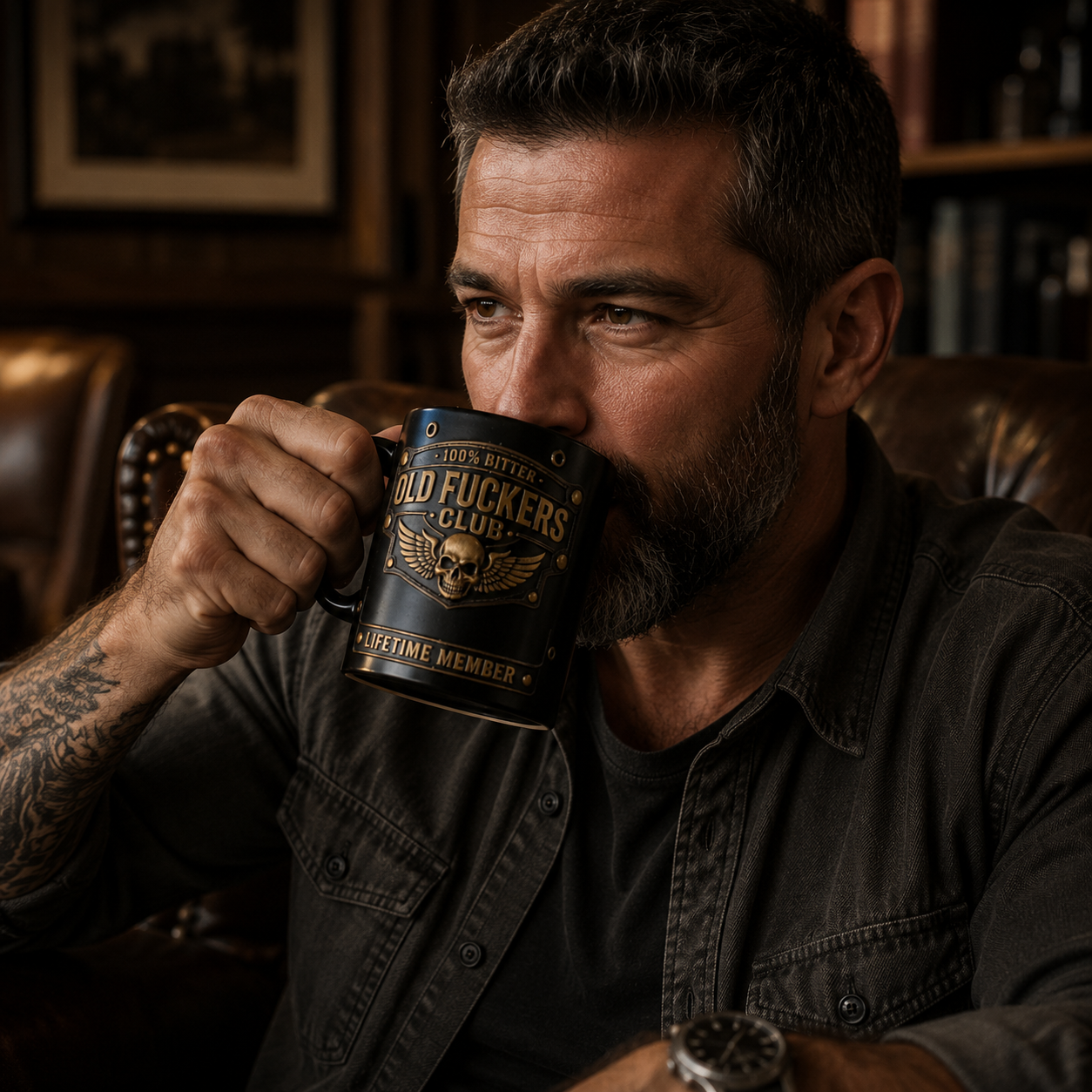 Old F*ckers Club mug in a vintage club setting