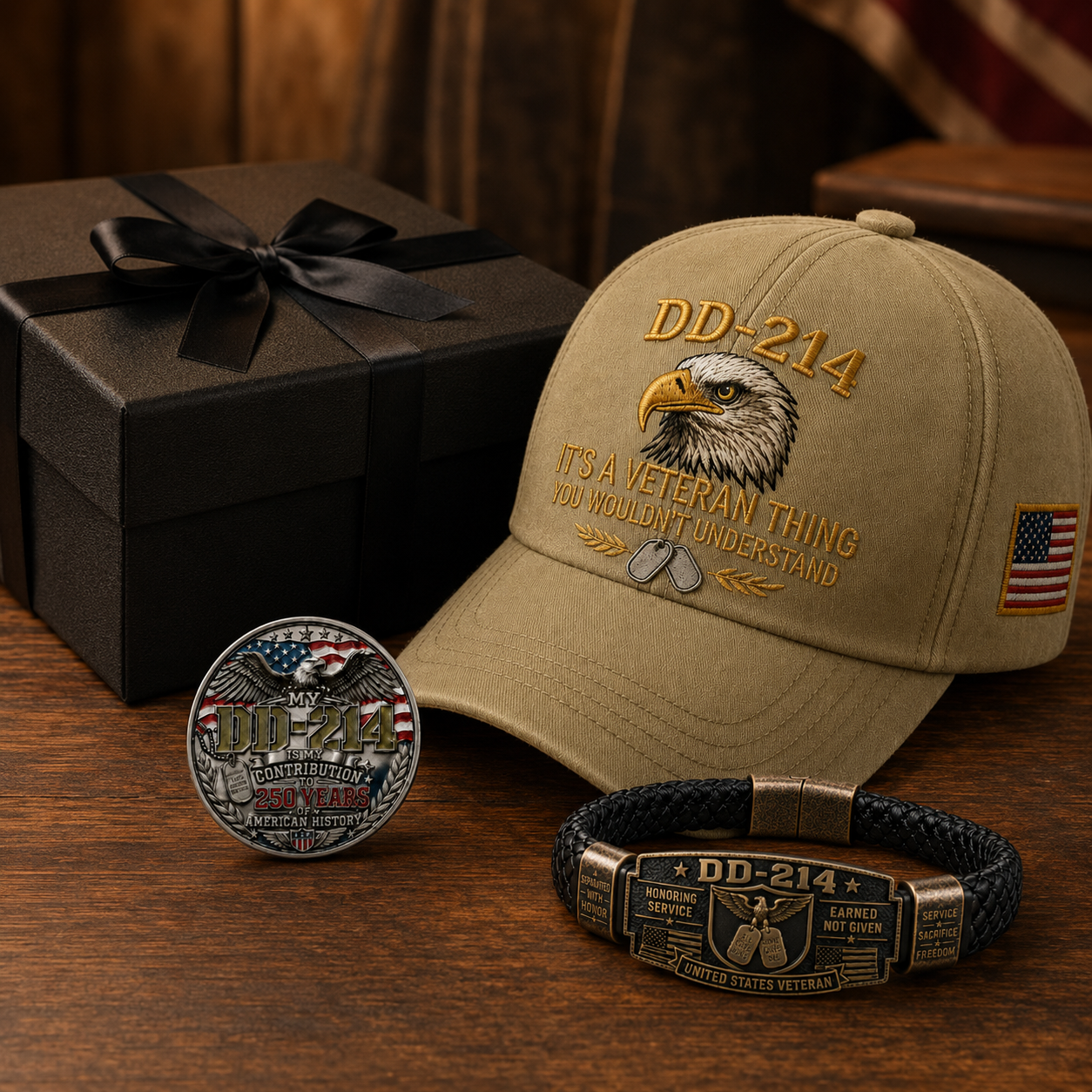 🔥 Today Only: FREE Collector Coin🔥 | DD-214 Veteran Honor 3-Piece Gift Set – Embroidered Cap, Coin & Bracelet