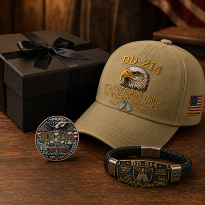 🔥 Today Only: FREE Collector Coin🔥 | DD-214 Veteran Honor 3-Piece Gift Set – Embroidered Cap, Coin & Bracelet