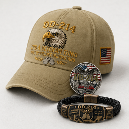 🔥 Today Only: FREE Collector Coin🔥 | DD-214 Veteran Honor 3-Piece Gift Set – Embroidered Cap, Coin & Bracelet