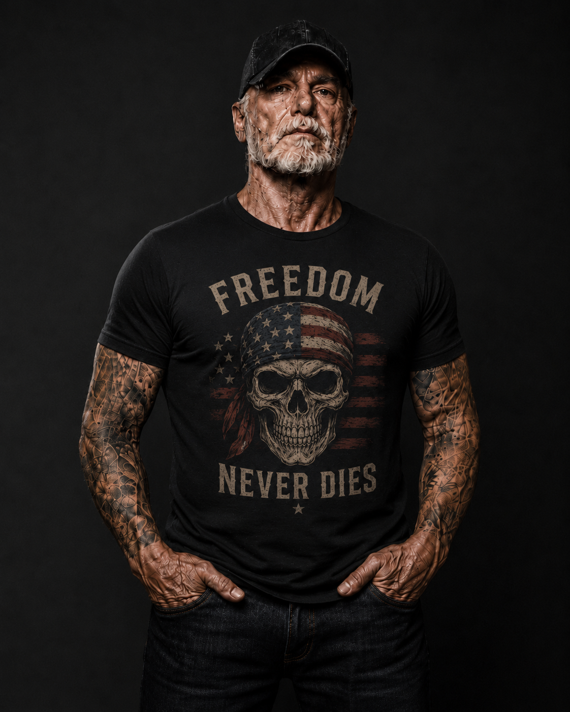 Freedom Never Dies Skull American Flag Biker T-Shirt