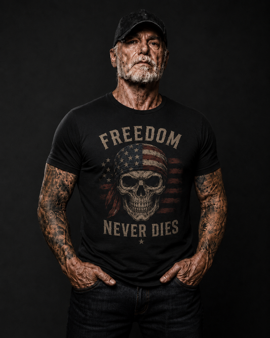 Freedom Never Dies Skull American Flag Biker T-Shirt
