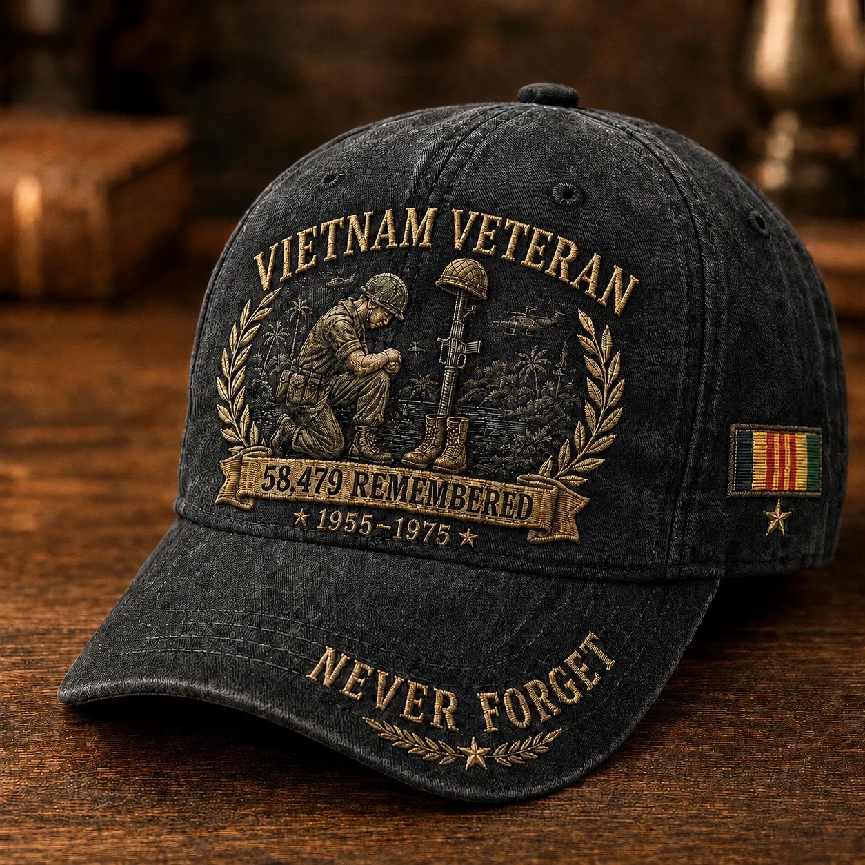Vietnam Veteran 58,479 Remembered Cap 🎁 Free Double-Sided Honor Coin With Every Cap Purchase - Black / Free Honor Coin With Every Cap Purchase