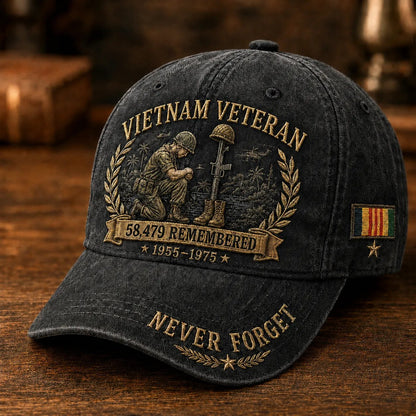 Vietnam Veteran 58,479 Remembered Cap 🎁 Free Double-Sided Honor Coin With Every Cap Purchase - Black / Free Honor Coin With Every Cap Purchase
