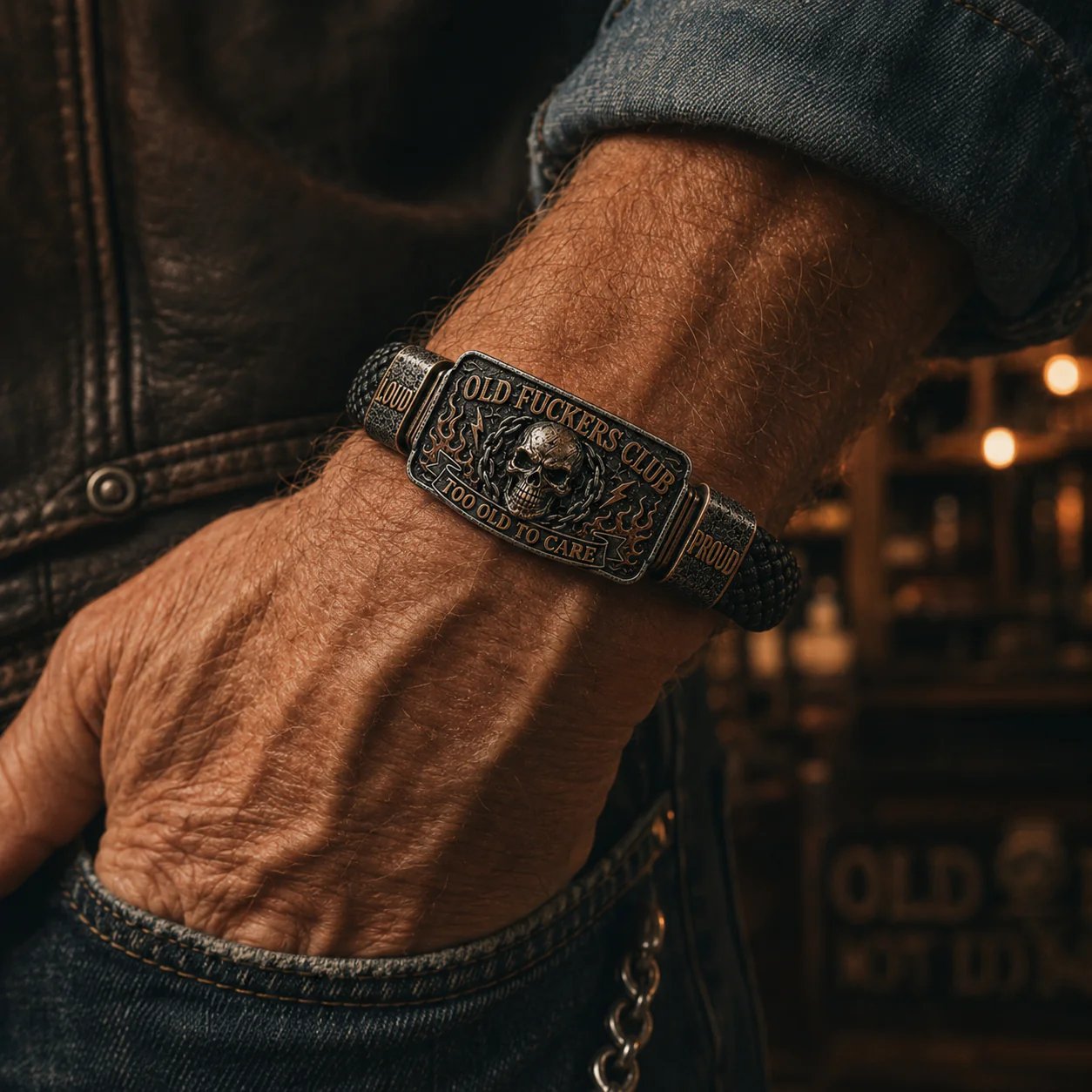 Old Fckers Club bracelet lifestyle display