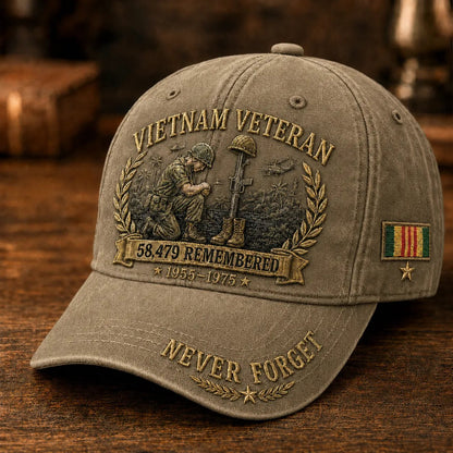 Vietnam Veteran 58,479 Remembered Cap 🎁 Free Double-Sided Honor Coin With Every Cap Purchase - Black / Free Honor Coin With Every Cap Purchase