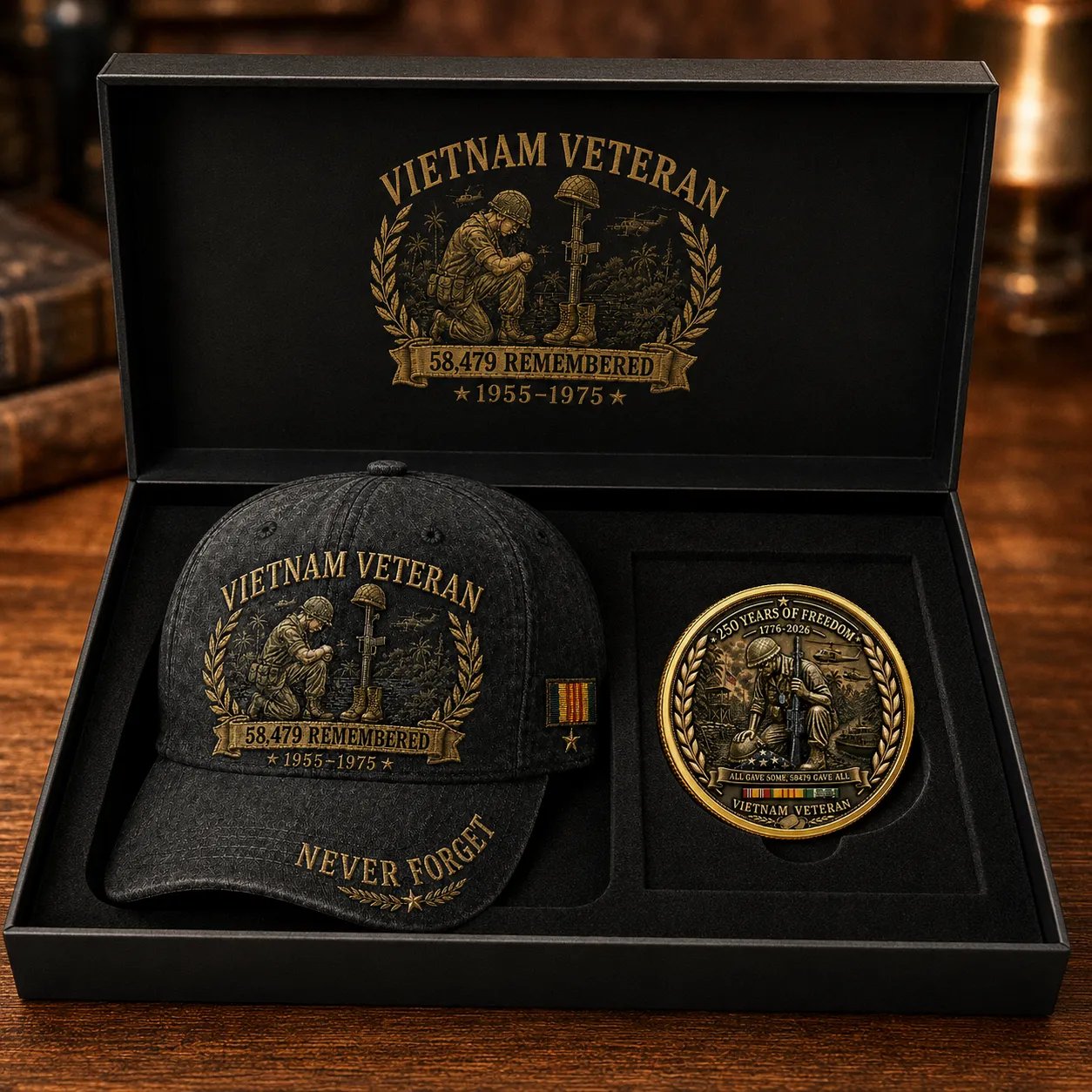 Vietnam Veteran 58,479 Remembered Cap 🎁 Free Double-Sided Honor Coin With Every Cap Purchase - Black / Free Honor Coin With Every Cap Purchase