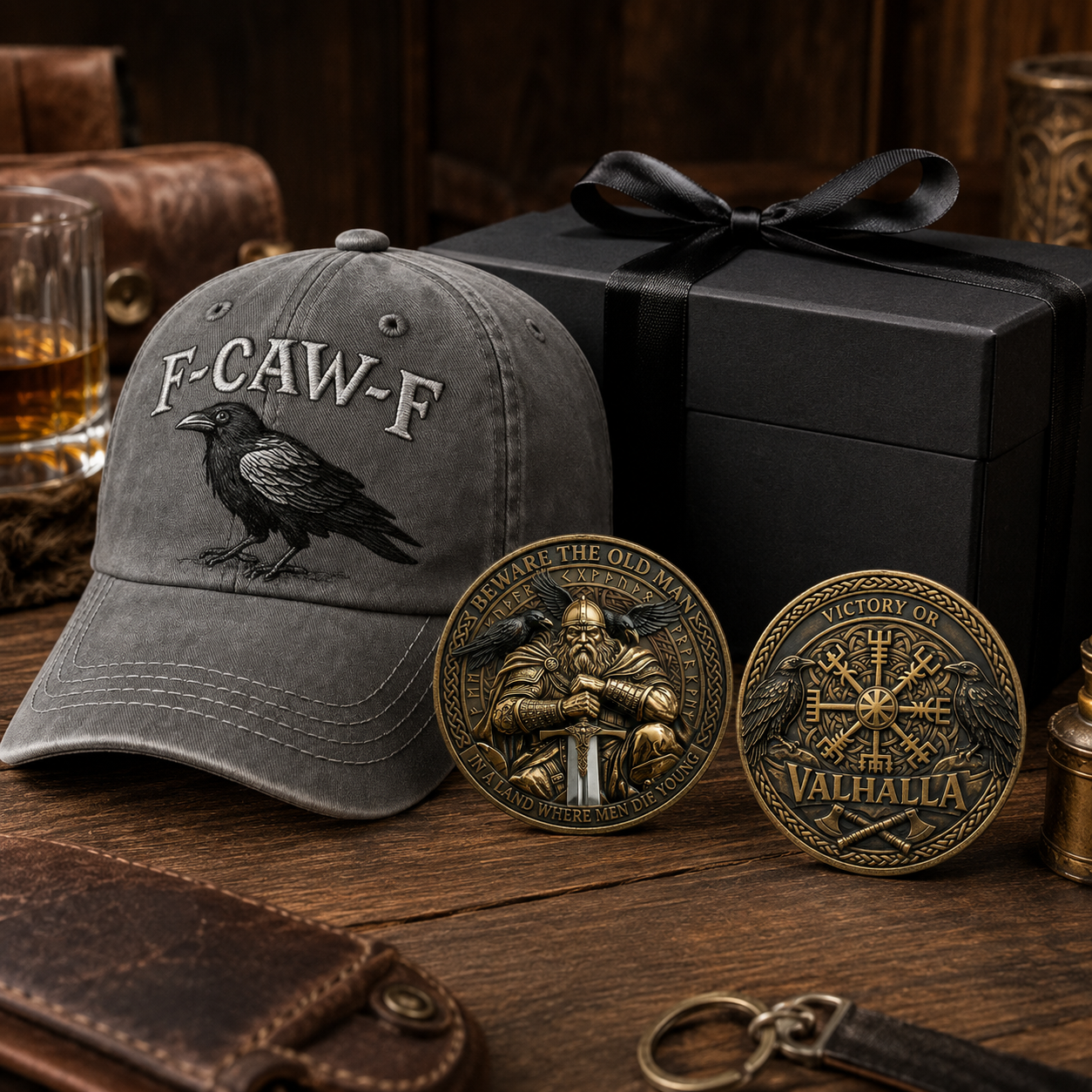 Raven cap and Valhalla coin beside a premium gift box