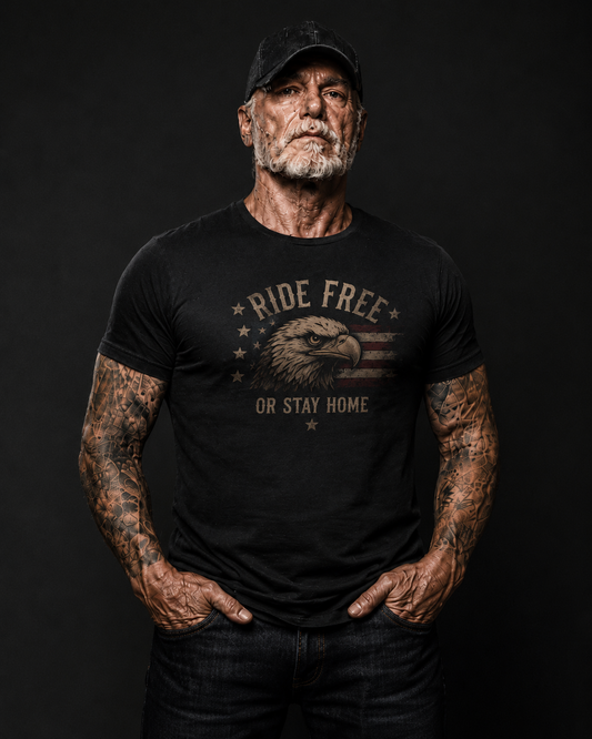 Ride Free or Stay Home Eagle American Flag Biker T-Shirt