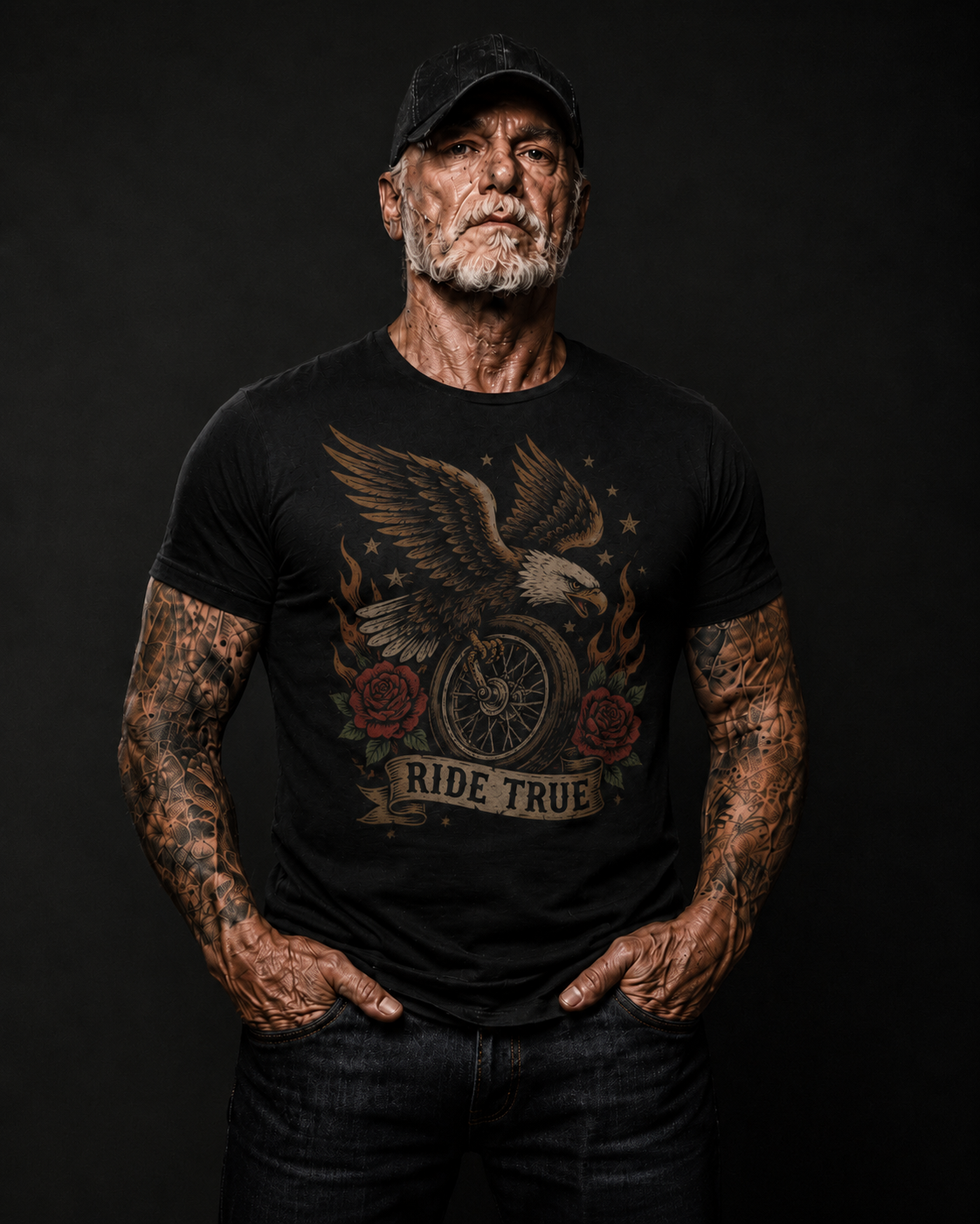 Ride True Eagle Wheel Tattoo-Style Biker T-Shirt