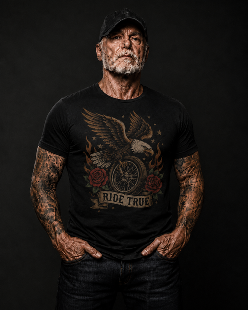 Ride True Eagle Wheel Tattoo-Style Biker T-Shirt