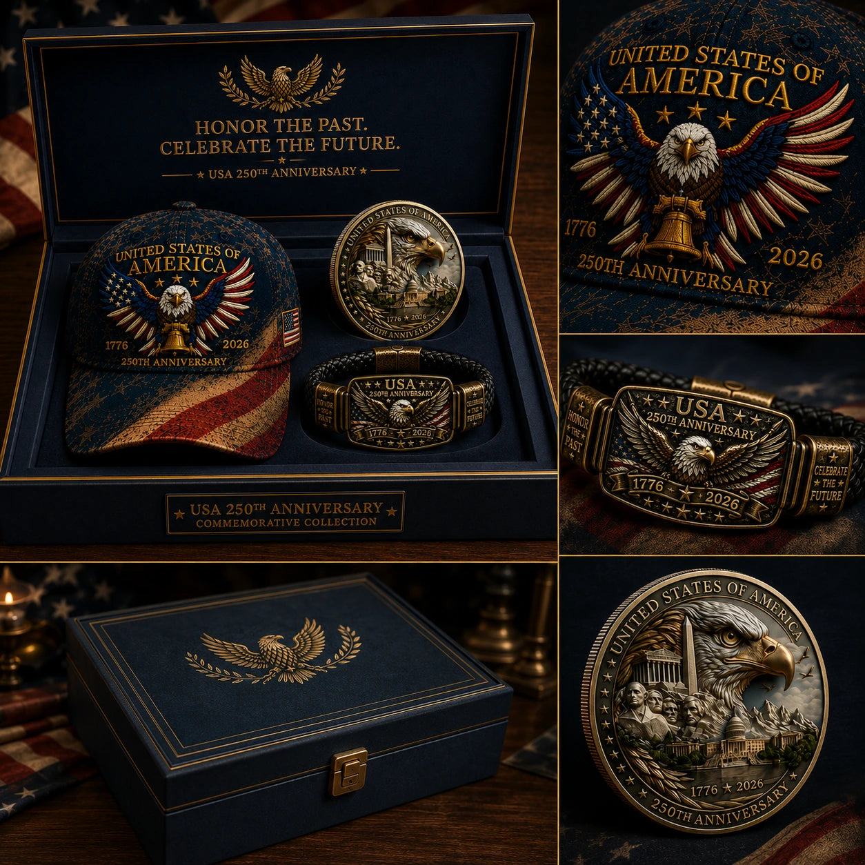 🔥 Today Only: FREE Collector Coin🔥 | USA 250th Anniversary Patriotic Eagle 3-Piece Gift Set – Embroidered Cap, Coin & Bracelet